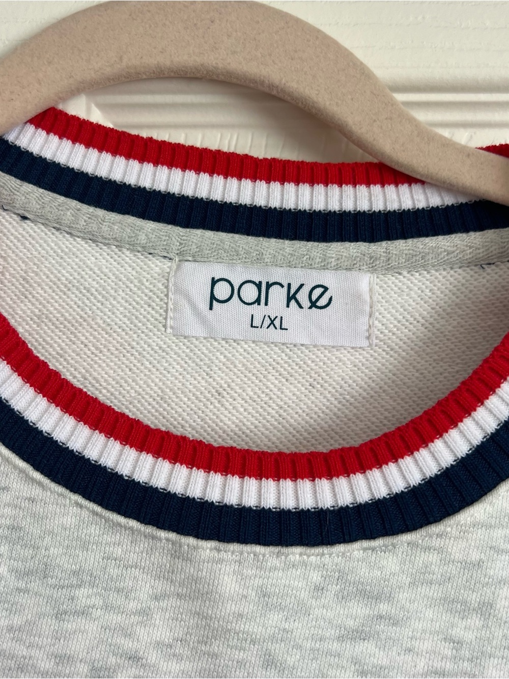 Parke Heather Gray Crewneck Sweater with Navy & Red Trim never worn! - Picture 3 of 3